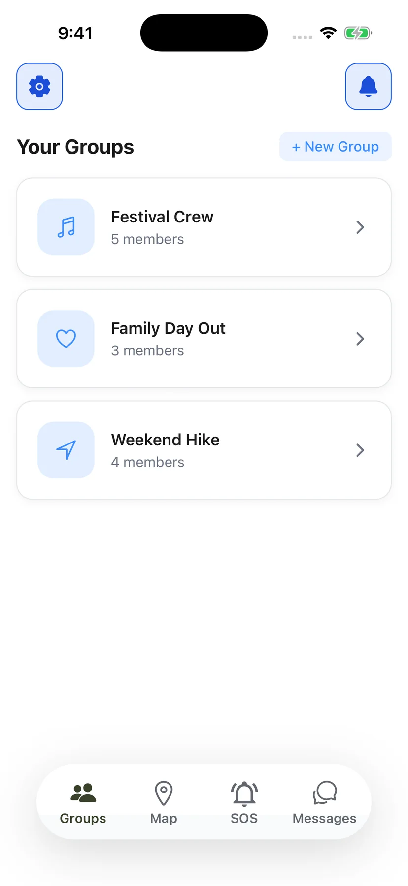 Lotra Groups screen showing Weekend Hike, Family Day Out, and Festival Crew