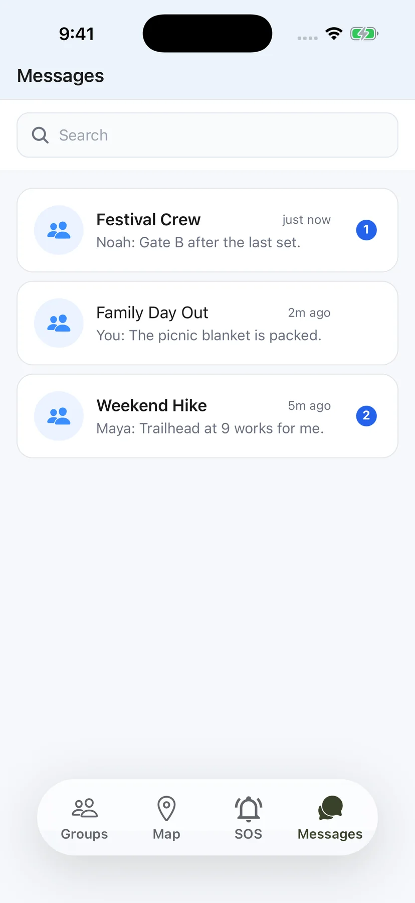 Lotra Messages screen showing three active fictional group conversations